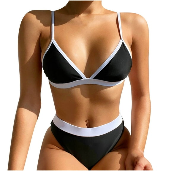 QLEICOM Womens Swimsuits Tummy Control Plus Size Swimsuit Coverup Sexy Patchwork Bikini Push-Up Pad Swimwear Set Swimsuit Beachwear Black S