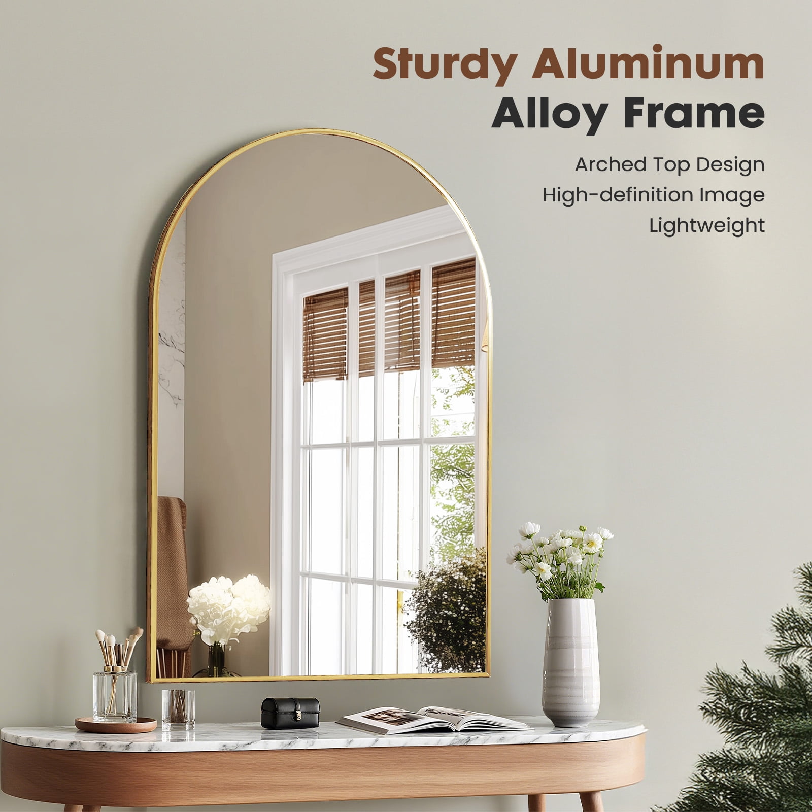 Gianna 24"x36" Arched Wall Mirror, Modern Aluminum Frame Decorative Mirror for Bathroom, Bedroom, Living Room, or Entryway, Gold