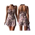 thumbnail image 4 of Women's Summer Suspender Jumpsuit Floral Print Ruffled Edge Tie V-neck Sleeveless Short Romper, 4 of 5