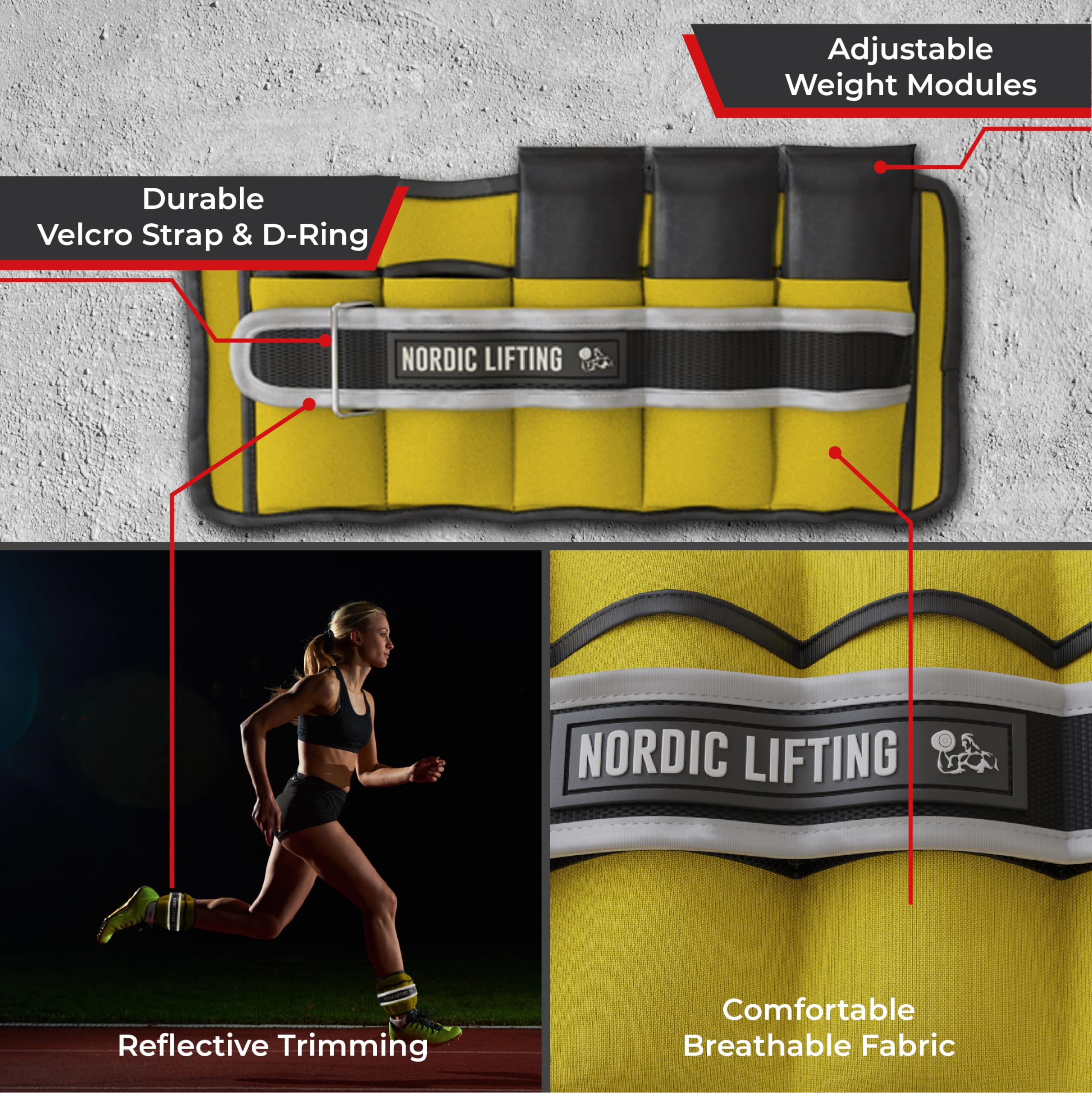 Nordic Lifting Adjustable Ankle Weights for Women and Men 2 4 6 8 10 Lbs, 1 Pair - Canary Yellow