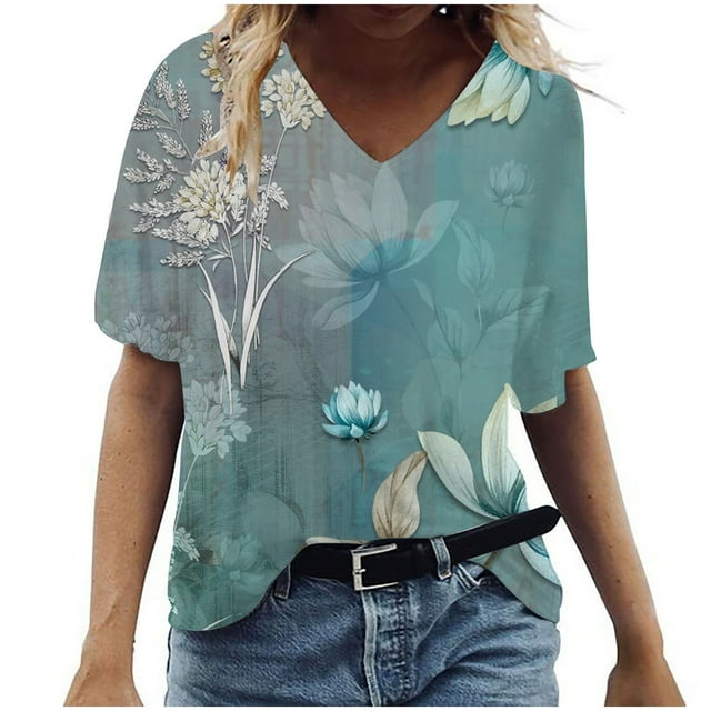 Birdeem T-Shirt à Col en V pour Femmes, Mode Décontractée, Grande Taille, Imprimé de Fleurs Pittoresques