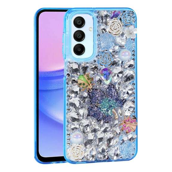 For Samsung Galaxy A36 5G / SM-A366 Luxury Diamond Rose 3D Leaf Design Raised Lip Screen Camera Protection Shockproof Case Cover Blue