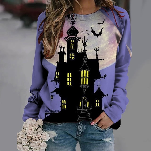 Hauts pour Femmes Décontractés Élégants 2023 Imprimé Halloween Manches Longues Col Rond Pull Décontracté à Capuche Costumes d'Halloween pour Femmes en Solde
