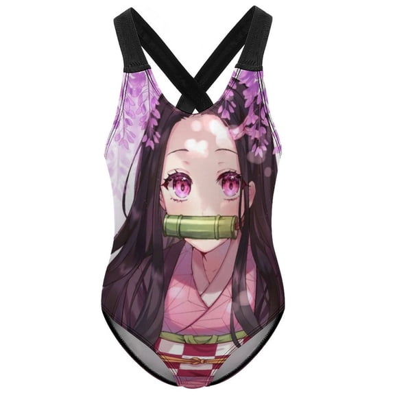 Kamado Nezuko Swimwear Kids' One-Piece Swimsuit Quick-Dry Cute Printed Girls' Swimwear Bathing Suit for Beach & Pool 6-7Y(110cm)