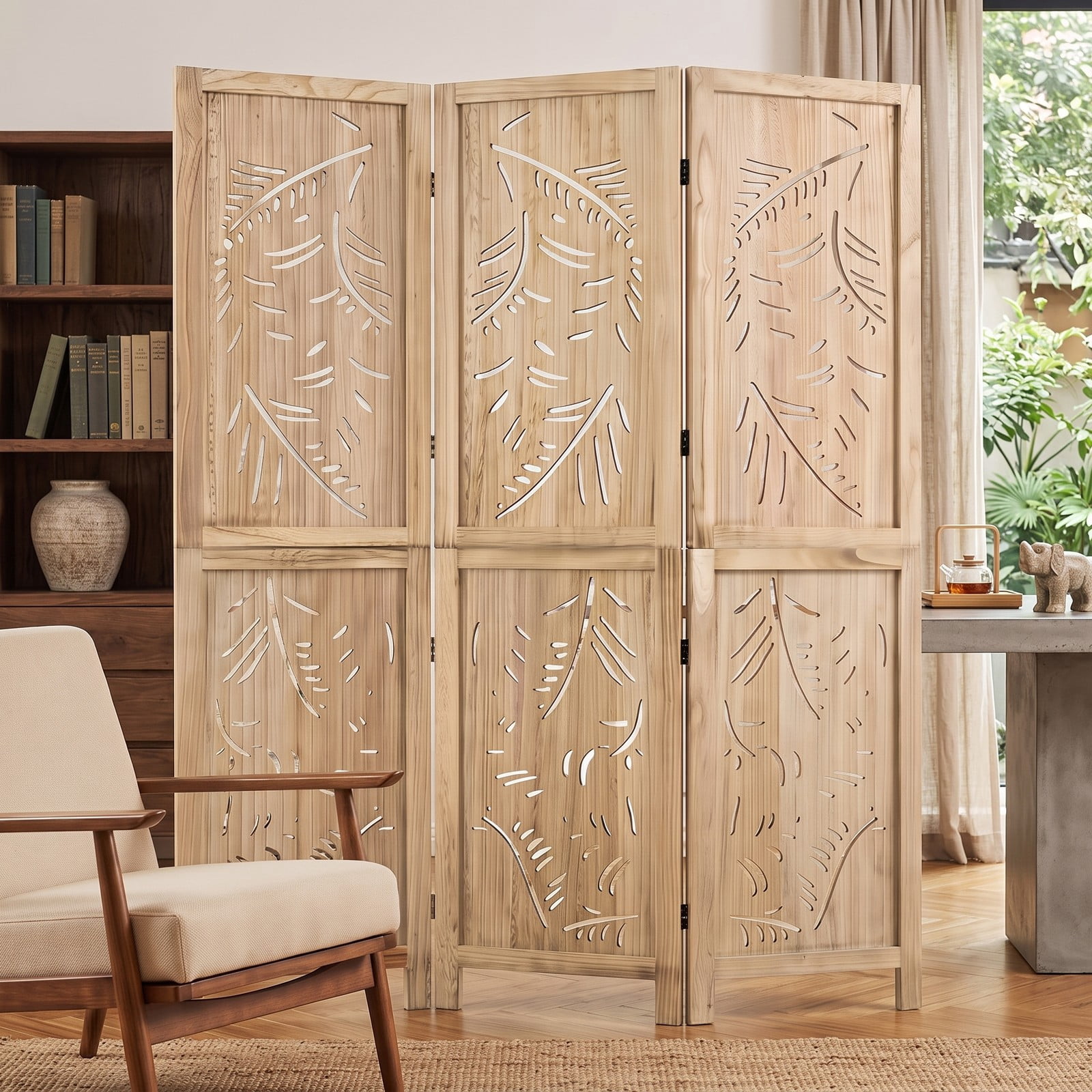 ALPULON 3-Panel Wooden Room Divider Freestanding Folding Privacy Screen with Palm Leaf Design and Paulownia Wood Frame for Living Room Bedroom Office, Natural