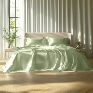 Sage Green Satin Sheet Set for Queen Size Bed – 6 Piece Blush Silky and Soft Sheets with 14 Inches Deep Pocket
