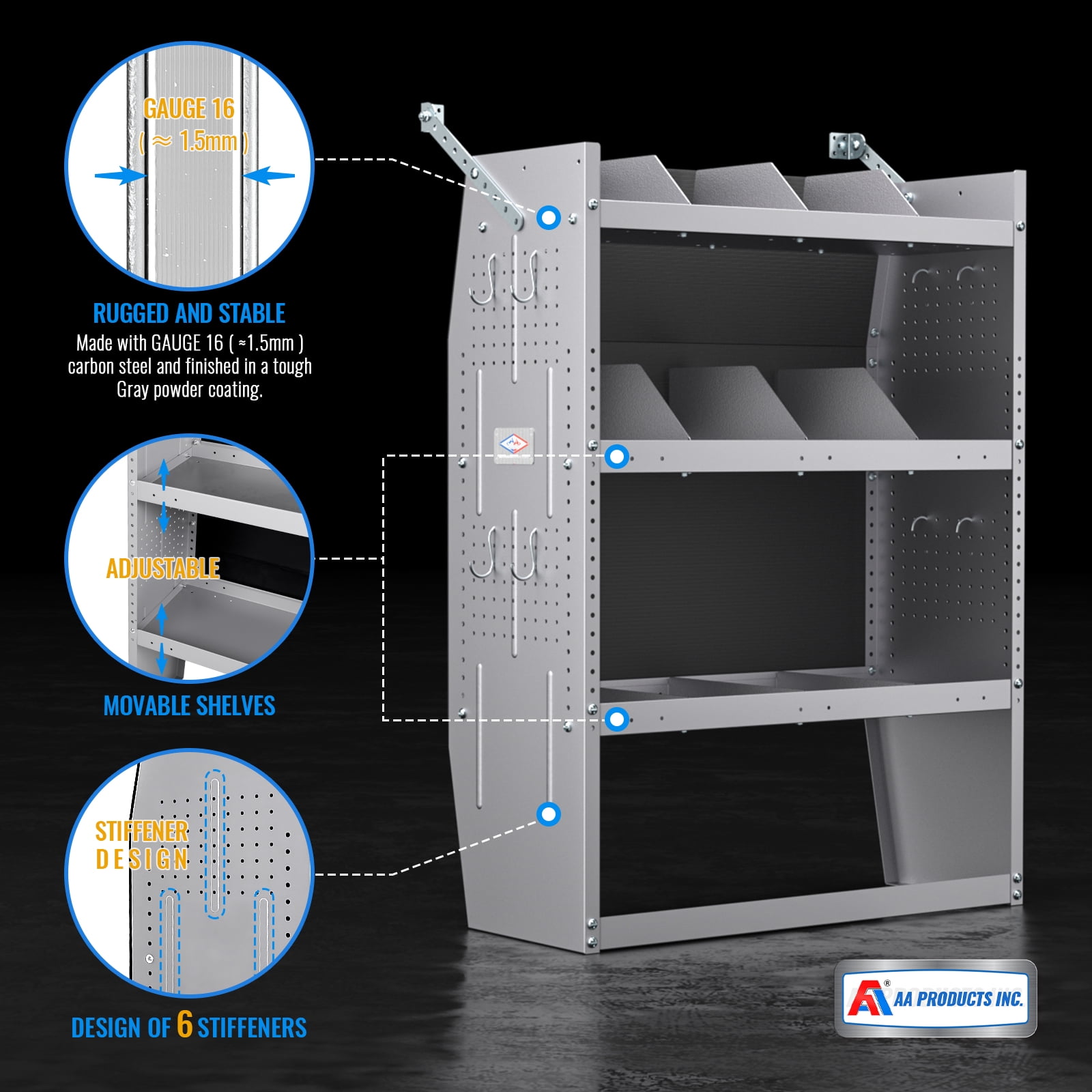 AA Products SH-4303 Automotive Steel Van Shelving Storage System 32" W x 43" H x 13" D, Grey