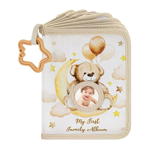 Baby First Family Photo Album Soft Fabric Keepsakes Picture Book for Newborns with Star Teether Rings and Safe Mirror