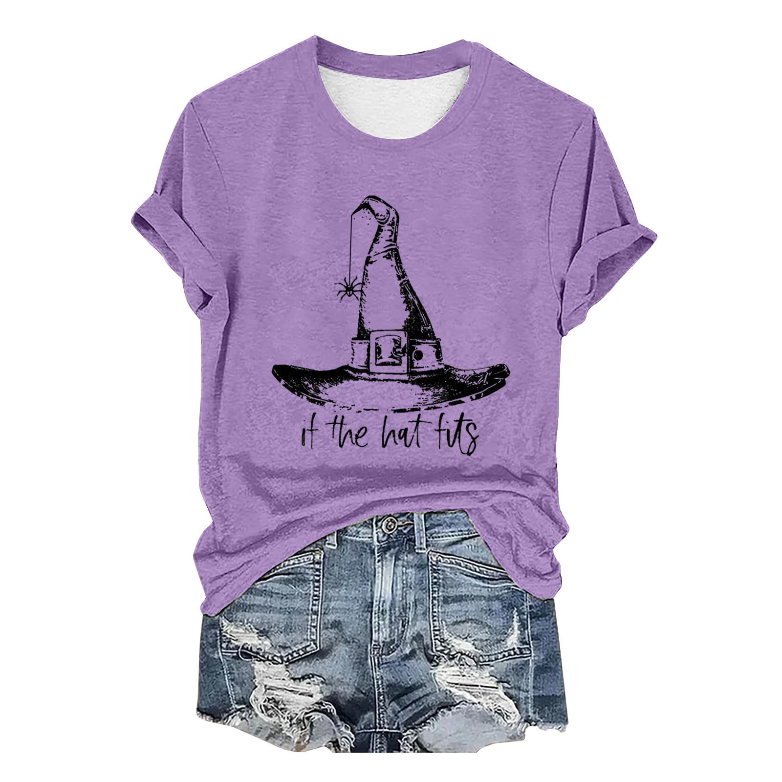Cute Summer Tops Witch‑Hat Motif Halloween Neck Prints Lightweight Fashion Outfits Clothes XL