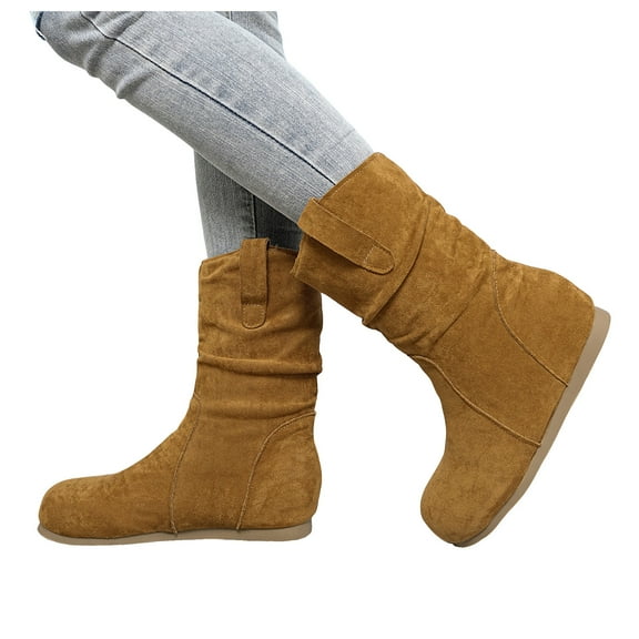 Slouchy Mid Calf Boots for Women Winter Fall Casual Suede Round Toe No Heel Pull on Walking Dress Booties Brown Size 6.5
