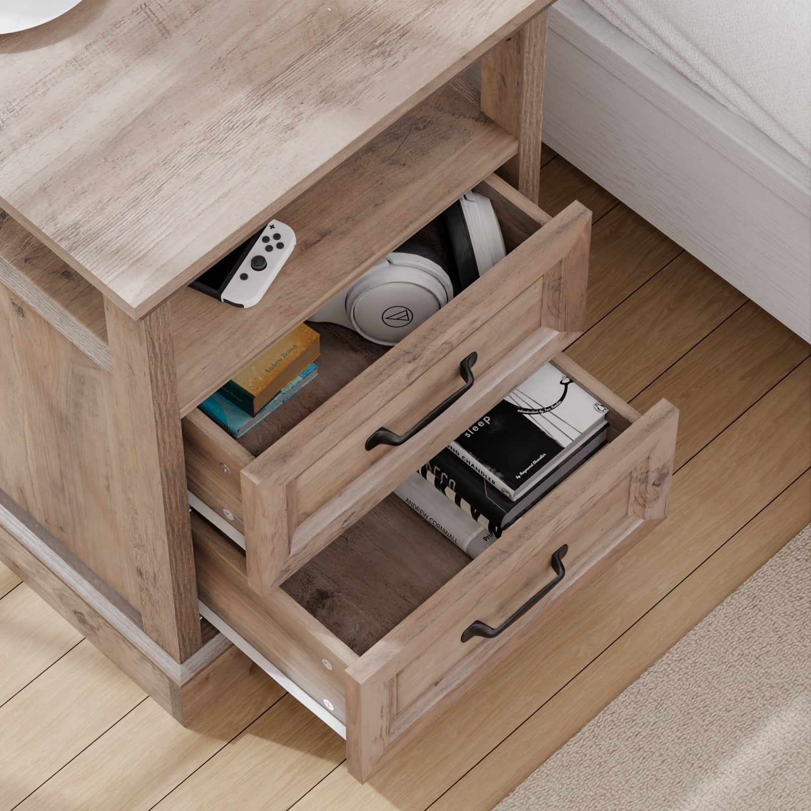 Hommpa Farmhouse End Tables for Living Room, Nightstand with Charging Station, Rustic Sofa Side Table with 2 Drawers and Storage Shelf, Bedside Cabinet for Bedroom, Light Ivory