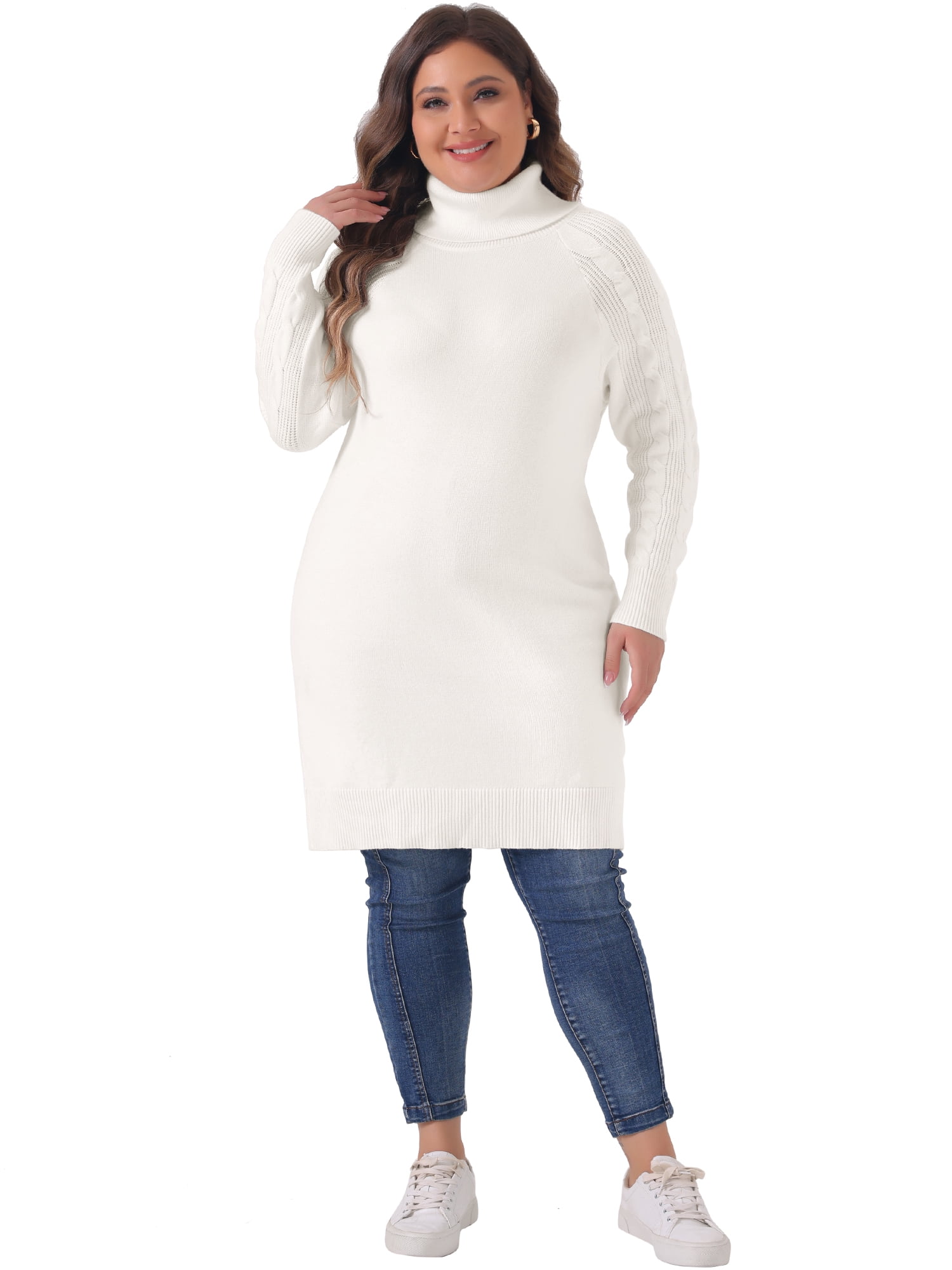 DARING DIVA Plus Size Long Sleeve Turtleneck Warm Pullover Mini Dress 4X White