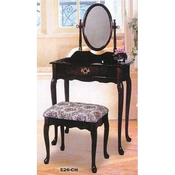 3 pc cherry finish wood vanity set with Vanity table, mirror and bench