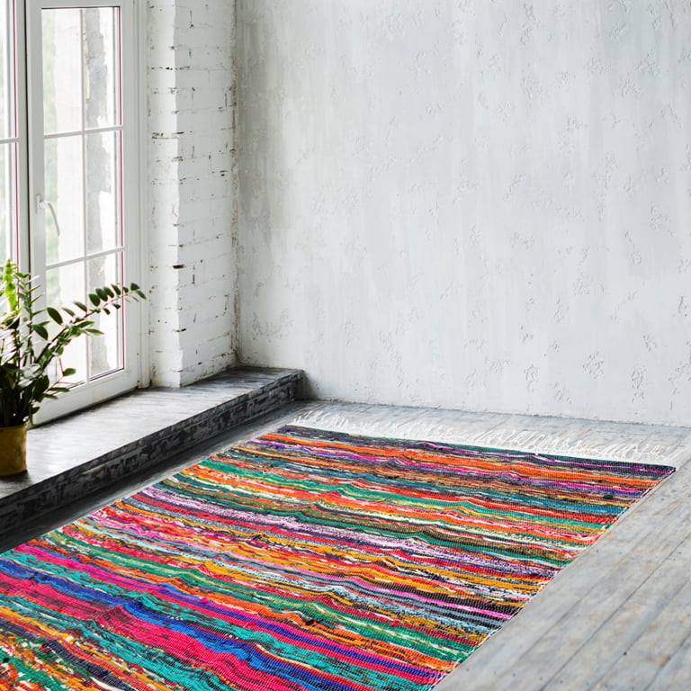 Multi Color Bohemian Braided Area Reversible Cotton Chindi Hand Woven Rug Carpet 