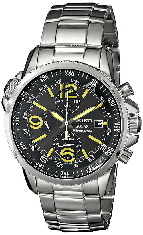 Seiko Men's SSC093 Solar Chronograph Black Dial Stainless Steel Compass  Alarm Watch 