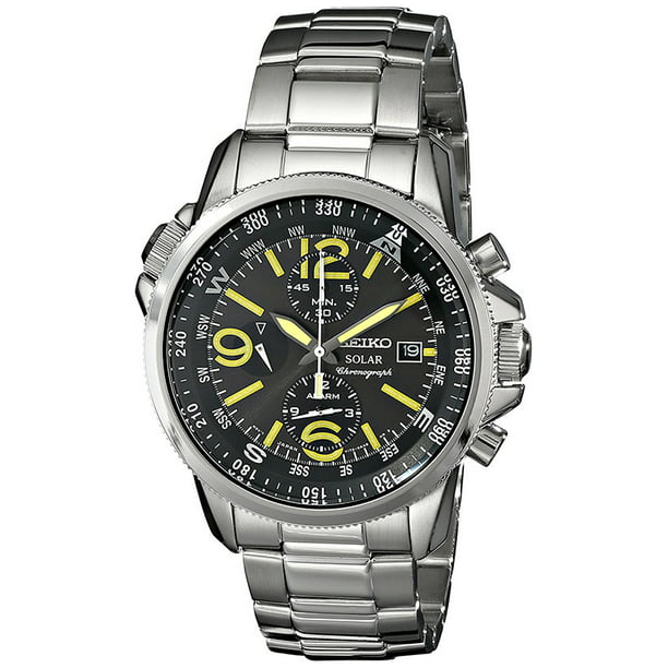 Seiko Men's SSC093 Solar Chronograph Black Dial Stainless Steel Compass  Alarm Watch 