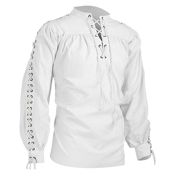 Ploknplq Men's Leisure Pirate Shirt Medieval Renaissance Relaxed Fit Hip Length Poet Collar Long Sleeve Lacing White L