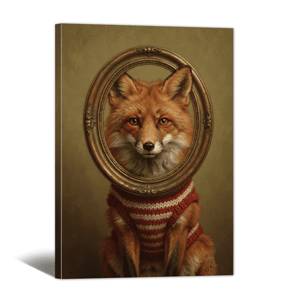 Whimsical Animal Canvas Wall Art, Fox with Elliptical Frame Print,Vintage Funny Artwork Interesting Picture Painting for Bathroom, Home, Living room Decor