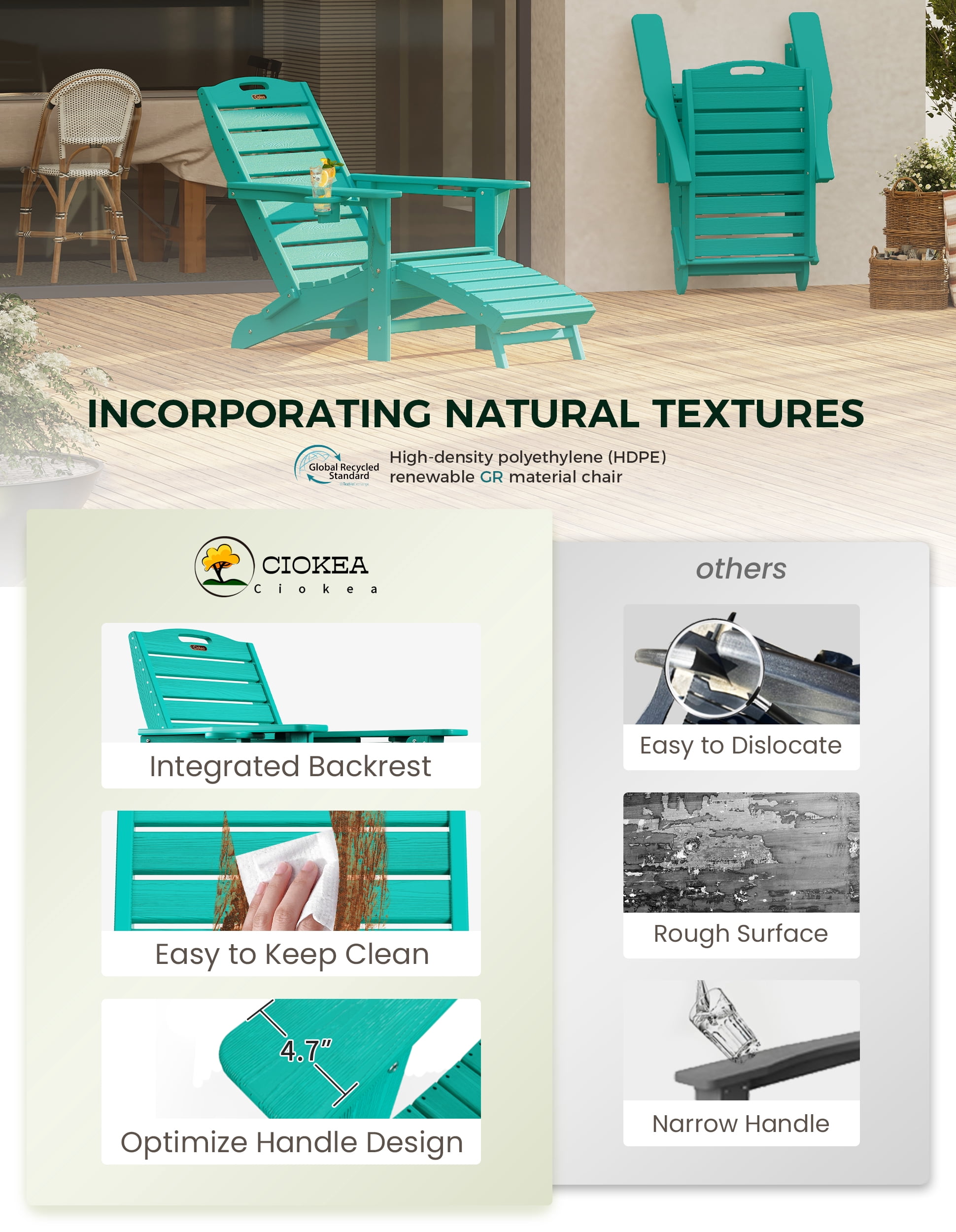 Folding Adirondack Chair Set of 2 with Retractable Ottoman Footrest, Wood Grain HDEP All Weather Fire Pit Chair with 2 Cup Holders for Outdoor, Aqua