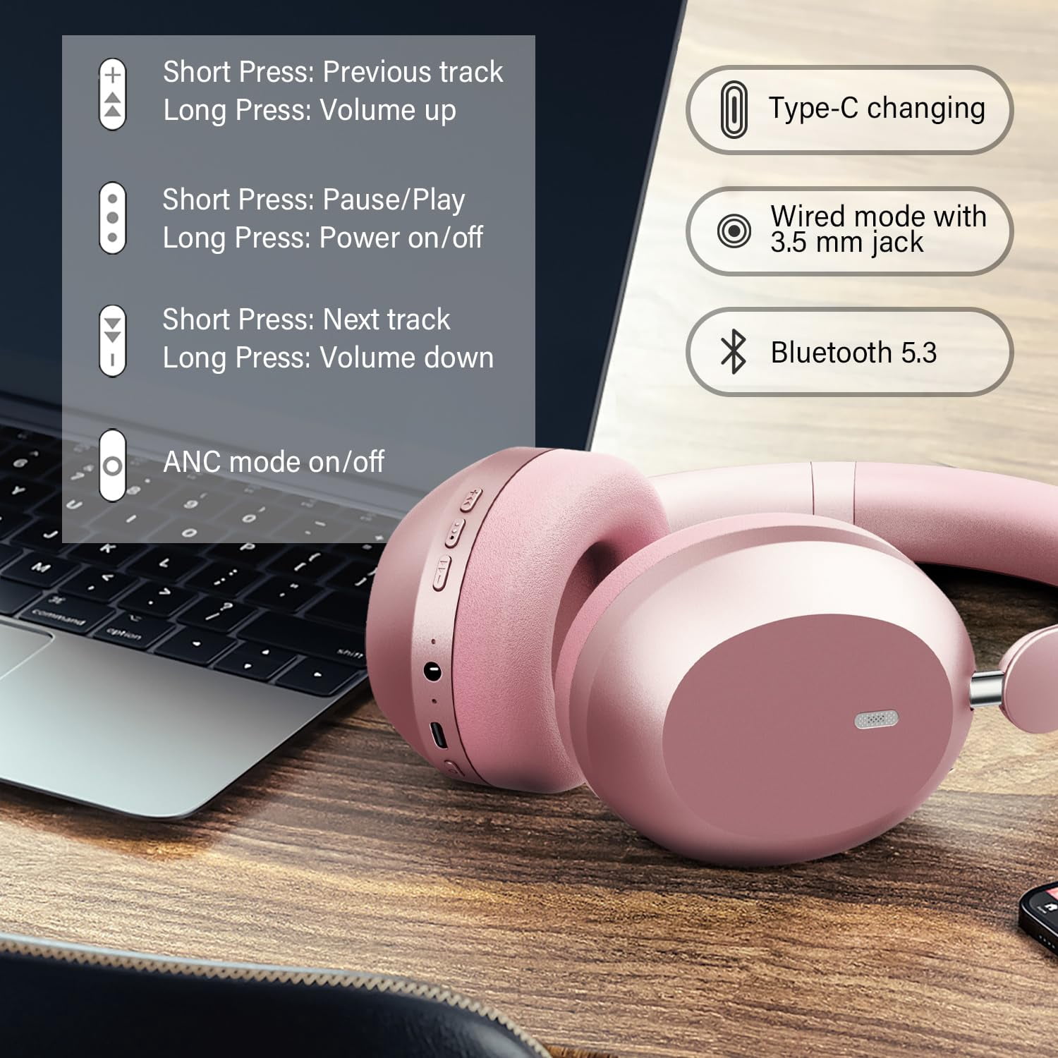 Mahipey Y05 Bluetooth Headphones Wireless Over Ear with Microphone,48 Hours Playtime,High Sound Quality,Foldable Soft Earpads Earphones for Travel/Commute/Workouts Pink
