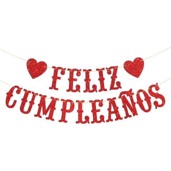 Feliz Cumpleaños Banner - Boy Girl Kid Adult Spanish Happy Birthday Party Garland Supplies - Fiesta Birthday Anniversary Party Decorations - Red Glitter