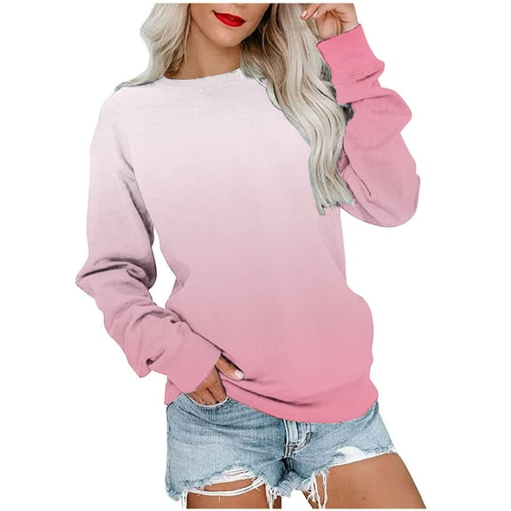 BXINGOHAI Womens Gradient Sweatshirt Crewneck Long Sleeve Tops Fashion Pullover Shirts Loose Fit Sweatshirts Fall Outdoor Blouse Under $10 Pink,XL