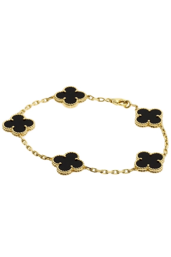 Pre-Owned Van Cleef & Arpels Vintage Alhambra Onyx Bracelet 18K Yellow Gold Women's