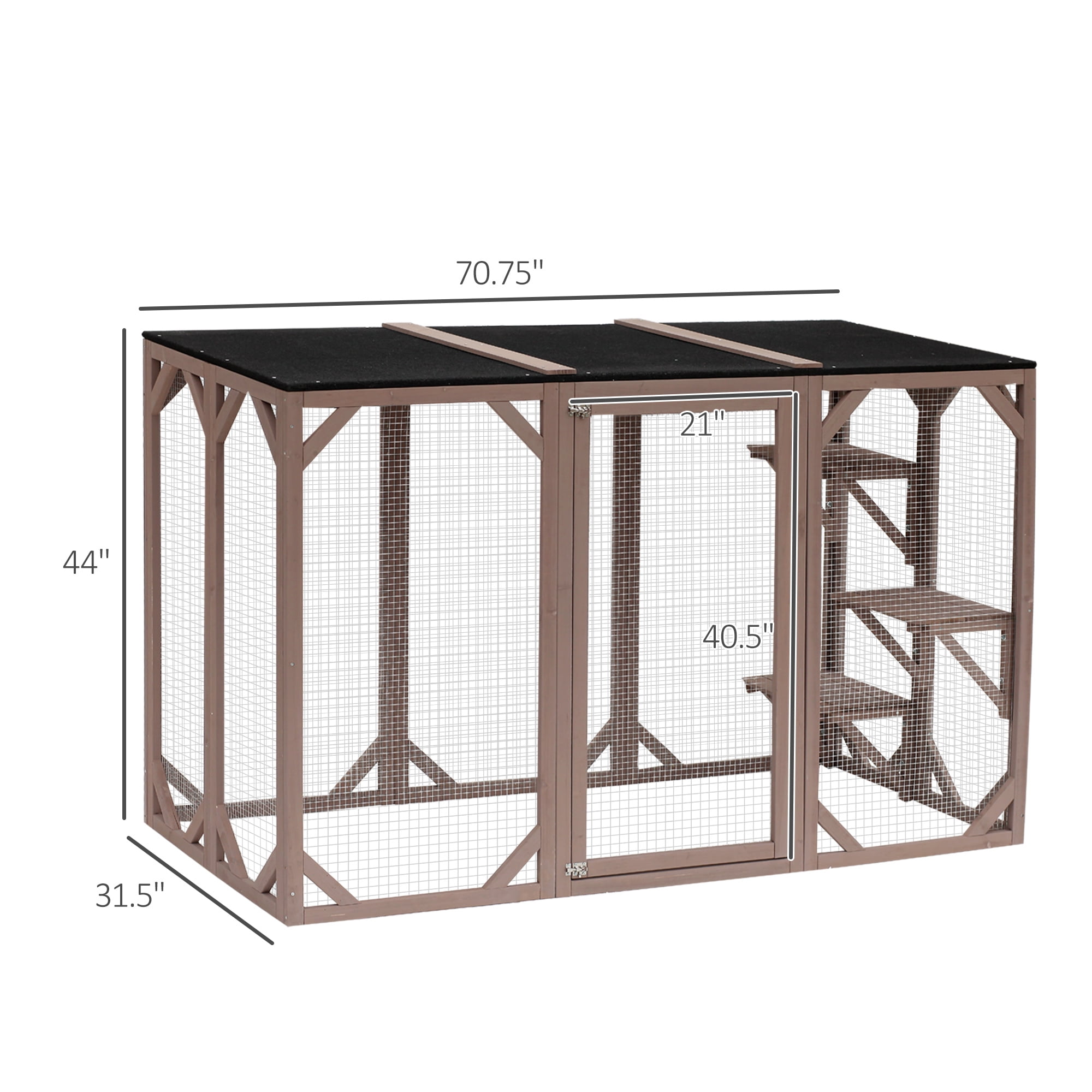 PawHut Wooden Outdoor Cat House Catio Kitten Enclosure Indoor Cage with Asphalt Roof, Multi-Level Platforms and Large Enter Door - 71"L, Brown
