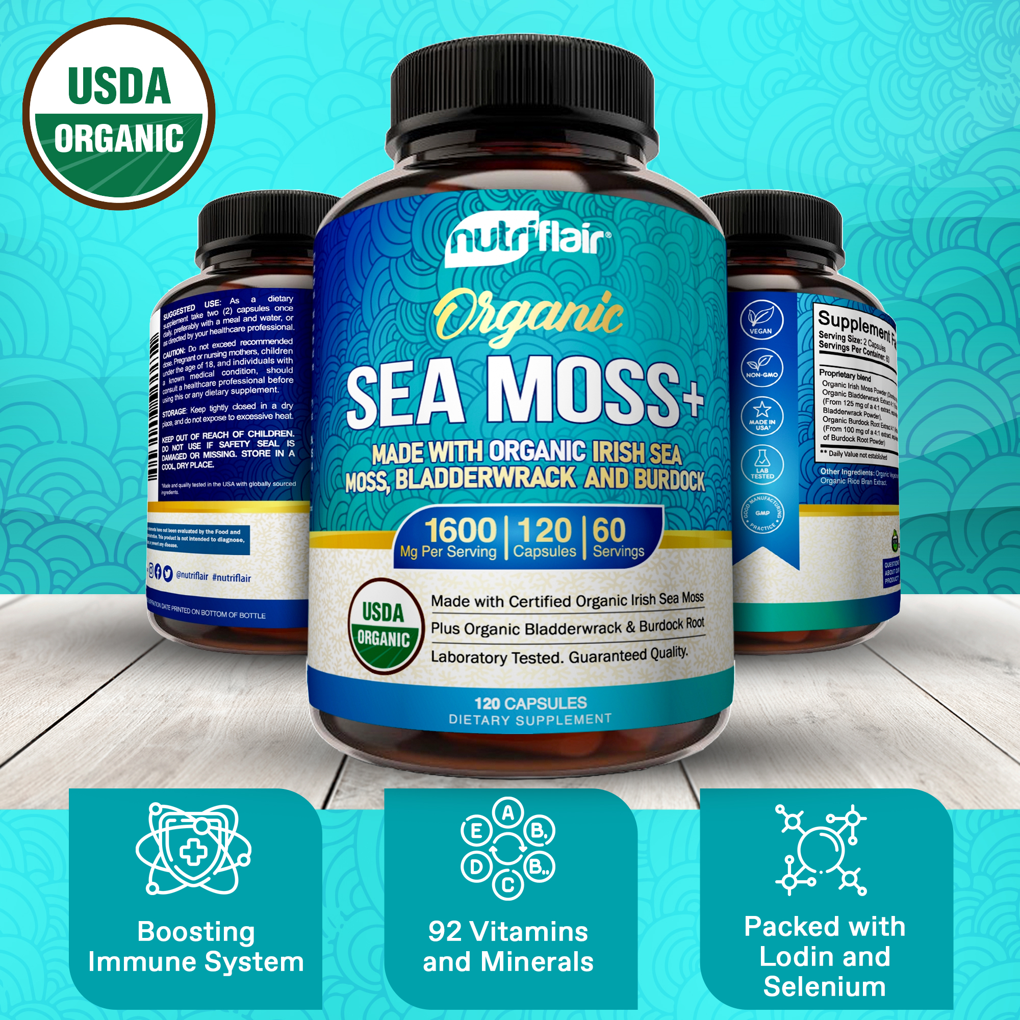 NutriFlair USDA Certified Organic Sea Moss Capsules 1600mg, 120 Capsules - Immunity, Gut, Energy - Superfood Sea Moss Supplements with Raw Sea Moss Powder for Women and Men - image 2 of 8