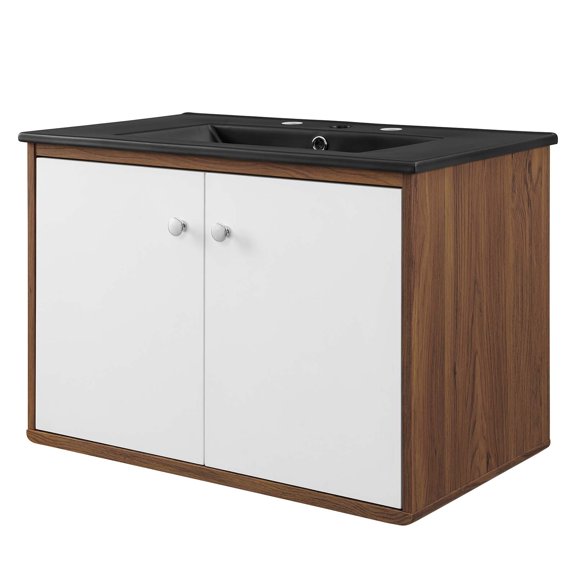 Sink Vanity Cabinet, Wall Mounted, Wood, Brown Walnut Black, Modern Contemporary Urban Design, Hotel Bedroom Bathroom Master Suite Guest