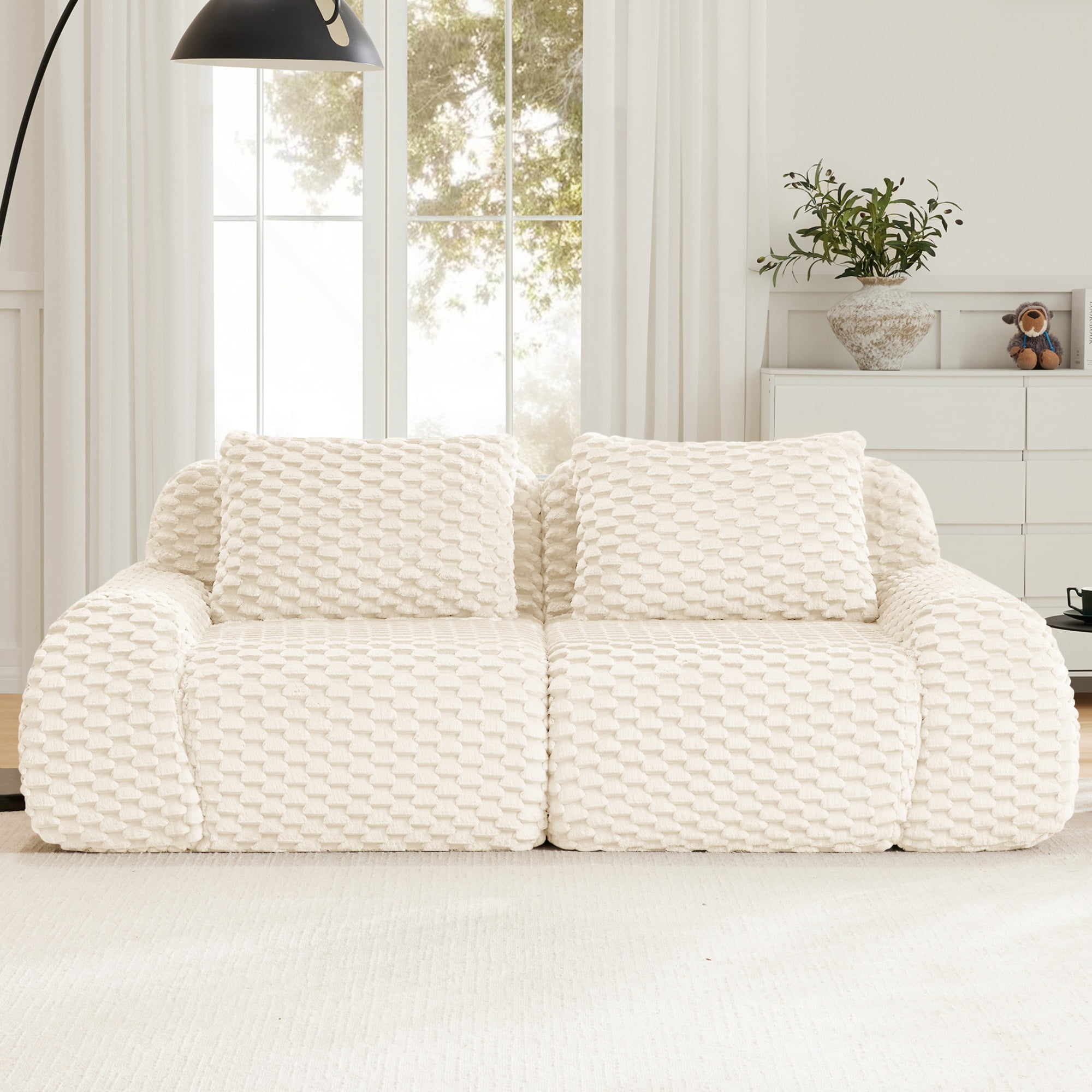 Aukfa 82" Modern Modular Cloud Sofa, Oversized Flannelette 2-Seater Couch with 29" Deep Seat & Two Pillows, No Assembly, White