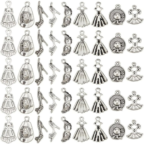 1 Box 9 Styles 90Pcs Dress Charms Perfume Charms Bulk Small Silver Metal Tibetan Dresses Alloy Shoe Hat Fashion Charms for Jewelry Making Charms Crafts Necklaces Bracelets Earring Supplies