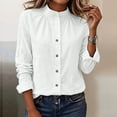 thumbnail image 2 of hoksml Women Stand Collar Gathered Neck Long Sleeve Shirt Cotton Linen Textured Button Down Blouse for Office Daily Travel, 2 of 9
