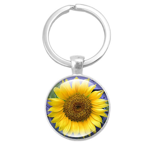 Key Ring Metal Glass Sunflower Pendant Keychain Key Holder for Valentine Day