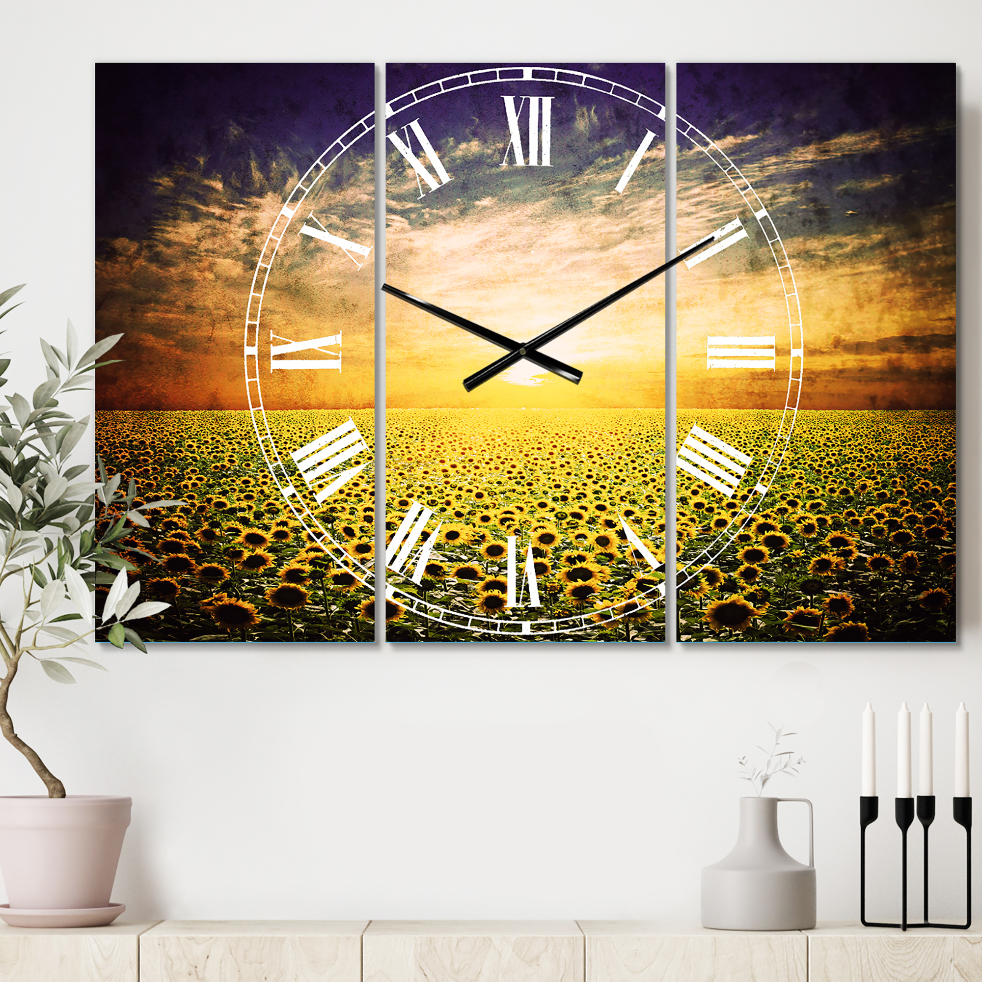 Designart 'Beauty Sunset over Sunflowers Field' Traditional Wall Clock