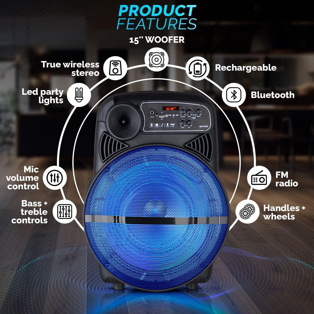 RIDWIND 15" Portable Party Bluetooth Speaker with LED Lights, Stand, Wireless Mic, and Rechargeable Battery – Ideal for Outdoor Events, Karaoke, and House Parties