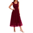 thumbnail image 1 of Vestido PRETTYGARDEN Midi Rojo Vino Sin Mangas con Fruncido y Volantes M, 1 of 9