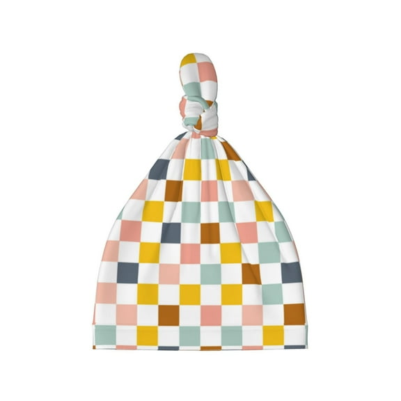 Naloa Colorful Checkered 1 Baby Newborn Hats, Infant Knotted Baby Hat, Beanie Top Knot Caps for Baby Boys Girls
