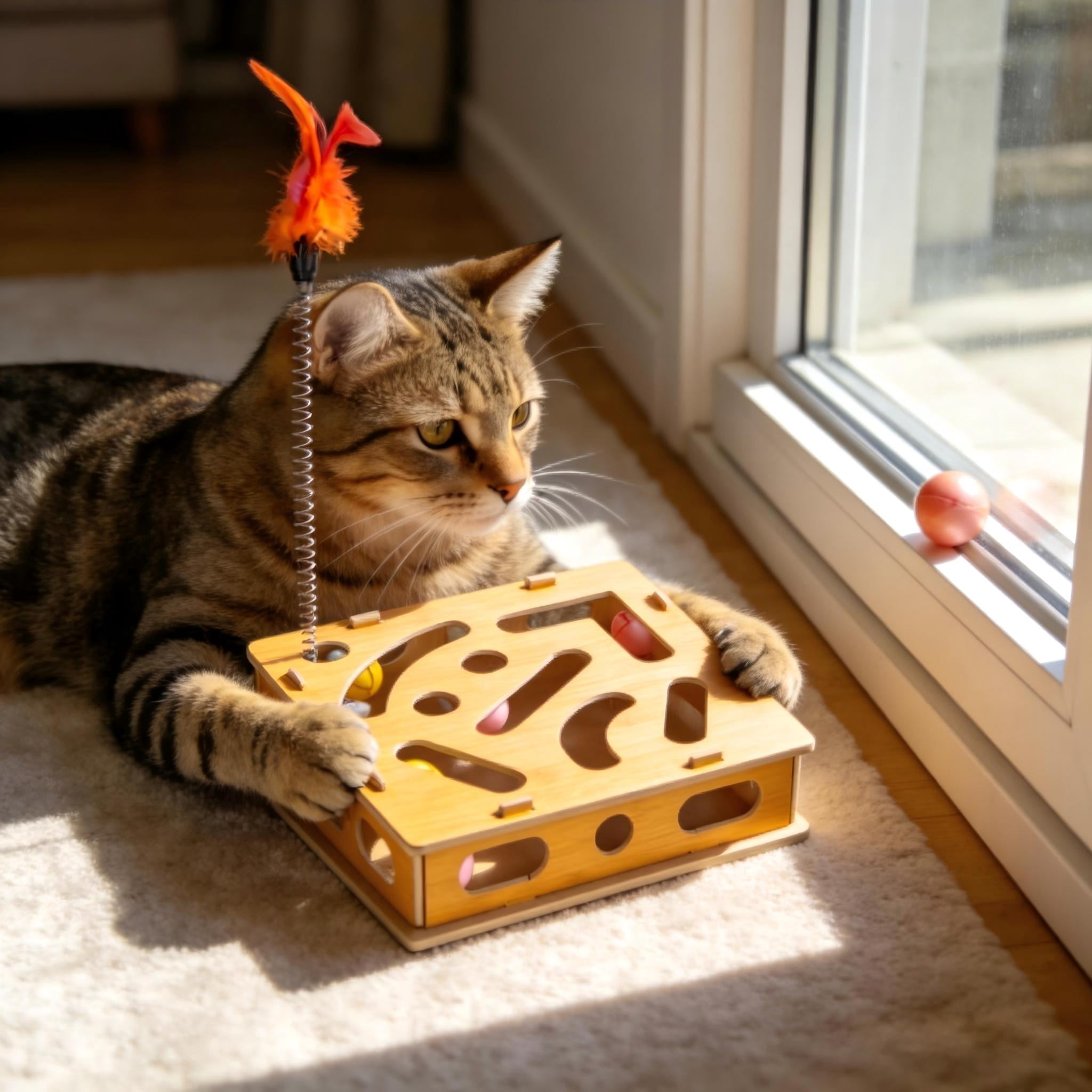 Interactive Cat Enrichment Toy Wooden Scratch Puzzle with Sandpaper for Indoor Cats Stress Nail Care Maze Scratcher