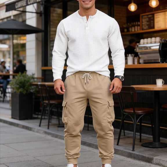 Kakii Men's Waffle Henley & Cargo Jogger Set, Solid Knit Top with Utility Pants, Matching Casual Outfit