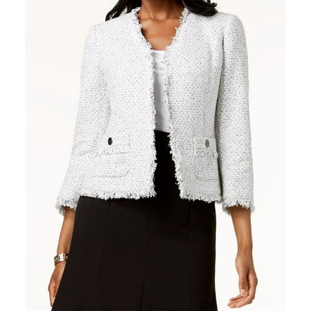 - Kasper Black Womens Open Front Tweed Fringe Blazer