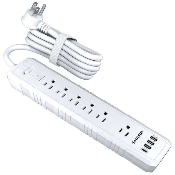 Power Strip Sharp 6 enchufes protegidos contra sobretensiones, 4 USB, color blanco