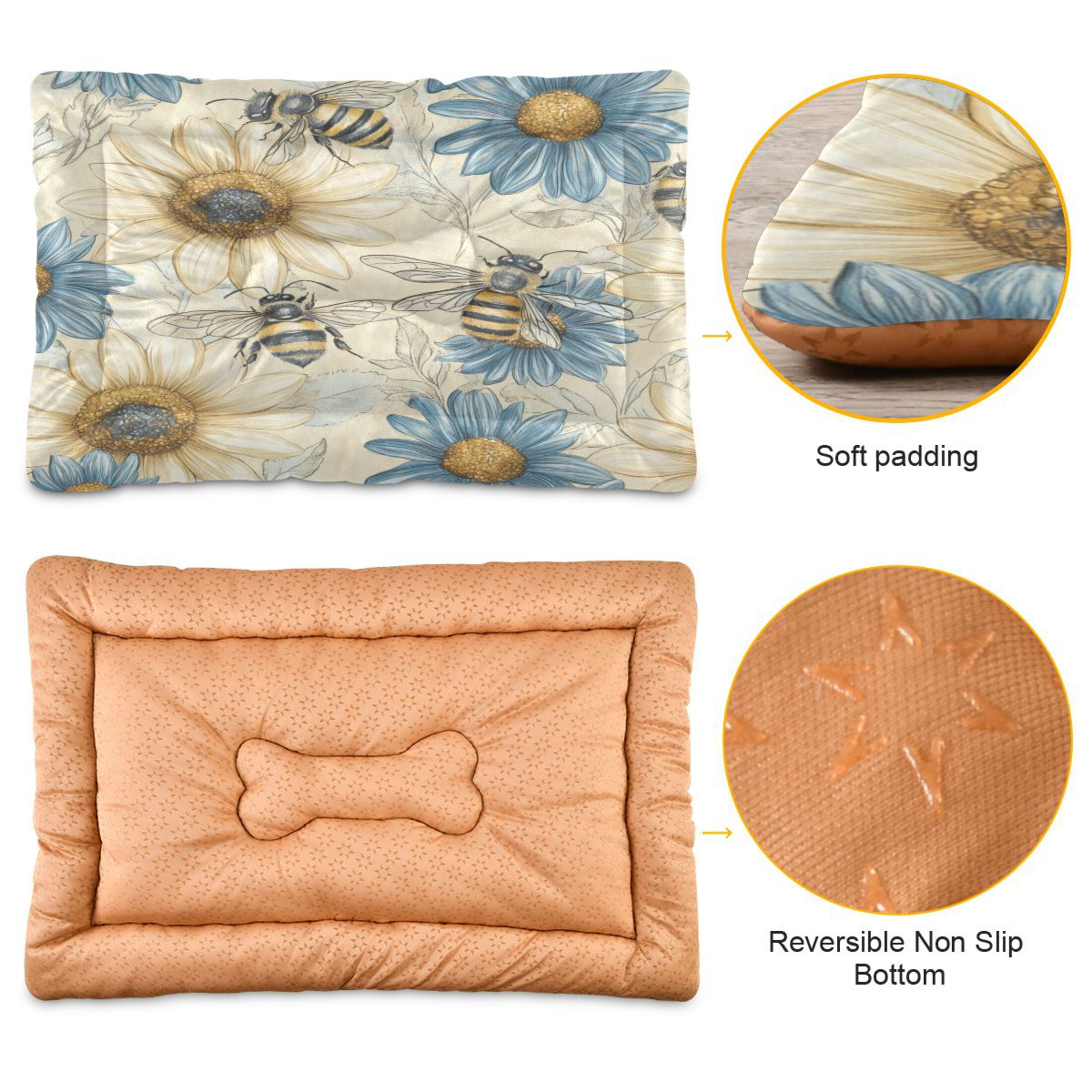 Qxltty Blue White Flower Bee Pattern Ped Pad Wear-resistant and Hard to Bite Through Sleeping Pad for Small Medium Large Dogs Winter Pet Bed 36×24in