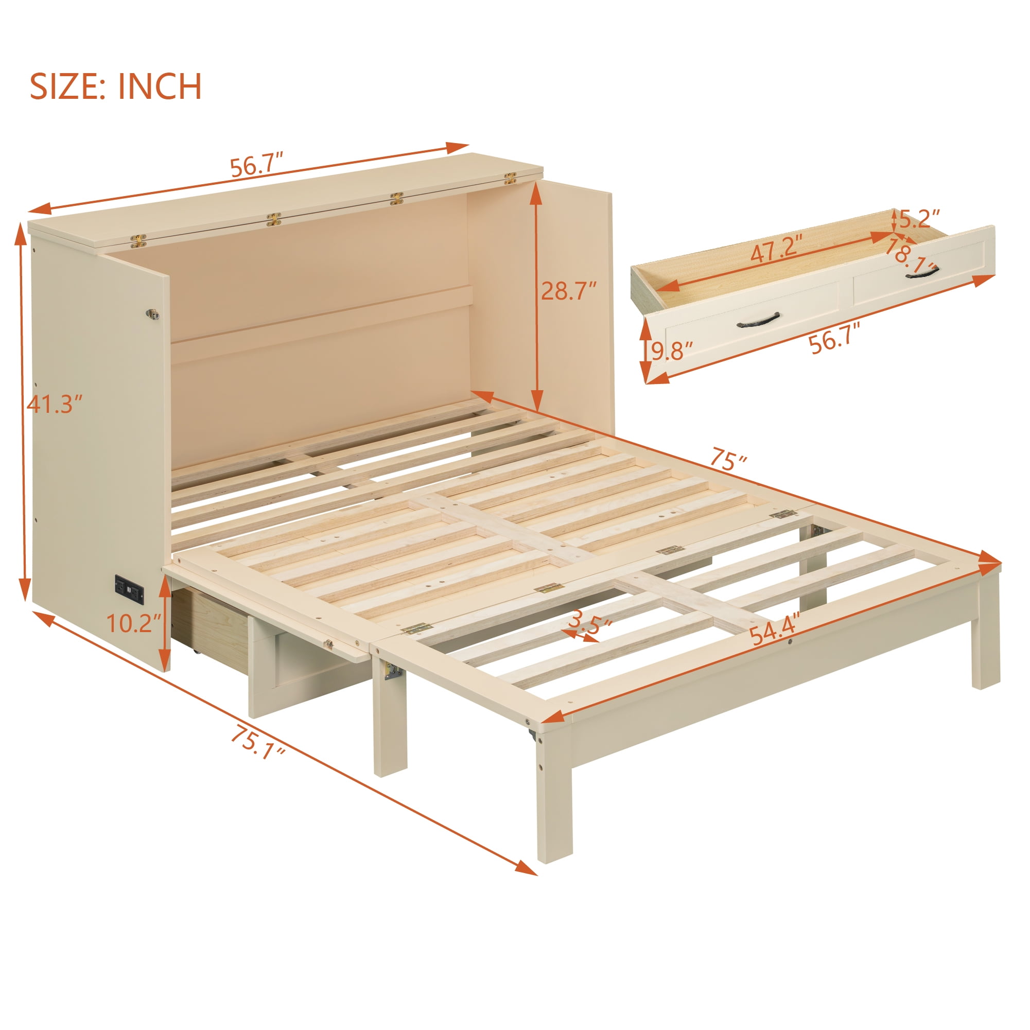 Harper & Bright Designs Rattan Full Murphy Bed Wall Bed with Drawers, Full Size Cabinet Bed Folding Wall Bed for Guest Room Office, Gold