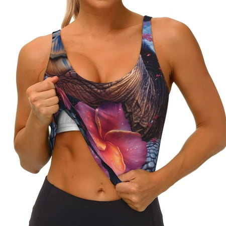 Qokaie Realistic Flower Turtle Pattern Womens Scoop Neck Sports Bra Breathable Workout Vest Padded U Back Medium Impact Fitness Gym Yoga Bra Workout Crop Top