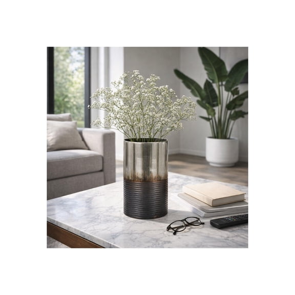 Two-Tone Textured Glass Vase for Living Room Decor - Elegant Home Accents for Table Centerpiece - Decorative Flower Vase for Bedroom, House and Office Styling - 9", Silver & Bronze