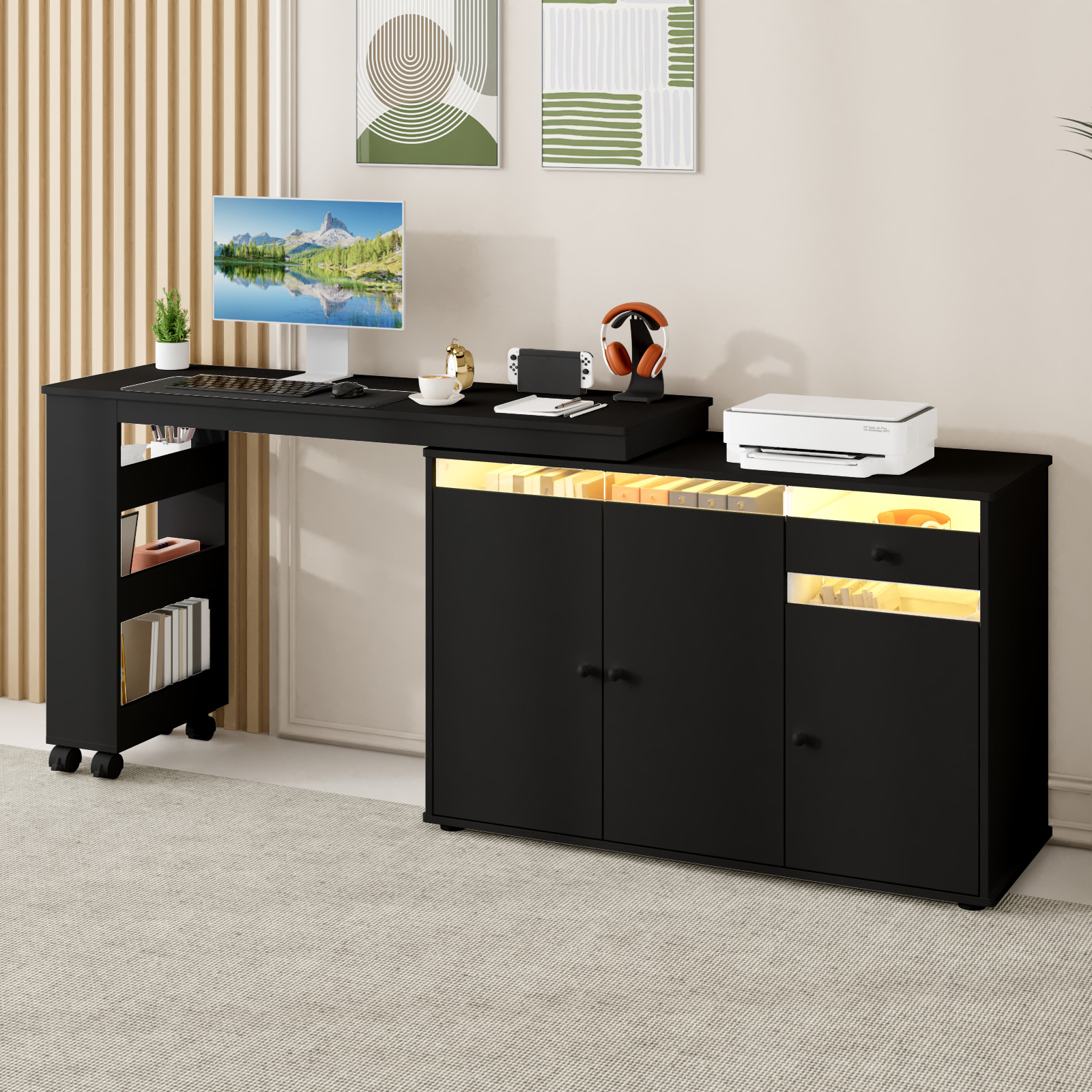 Advwin 53" Rotating L-Shaped Computer Desk with LED Light, Storage Cabinet, Drawer & Shelves, Modern Study Writing Table, Home Office Bedroom Workstation for Small Space, Black