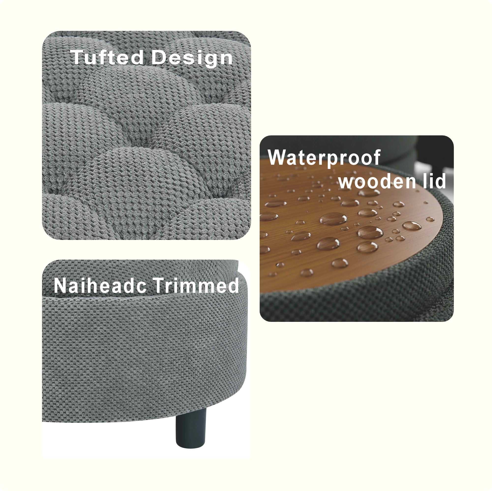 MAYEERTY 25 In Round Storage Ottoman with Tray, Tufted Fabric, Coffee Table Ottoman, Light Grey