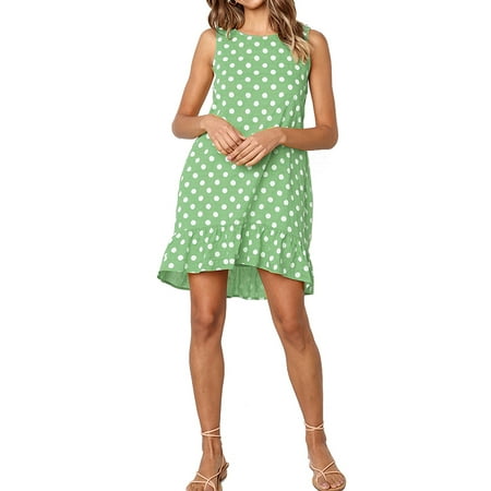 Polka Dot Mesh Mini Dress Party Polka Dot Mini Dress for Women Sleeveless Ruffle Hem Boho Dress Beach Holiday Sundress Summer Casual Tunic Loose Tops ()