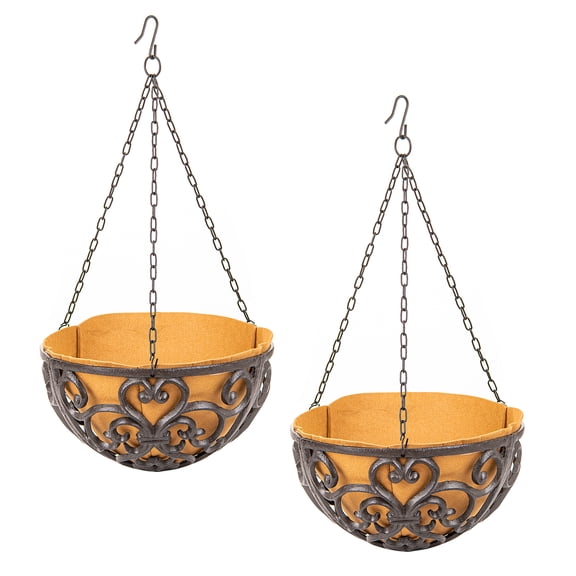Sungmor 2PC 11" Dia. Large Cast Iron Hanging Baskets w/Fabric Liner, Rustic Brown Heavy-Duty Outdoor Hanging Planters Plant Pot Holders, Garden Yard Terrace Patio Porch Decorative Metal Flower Basket